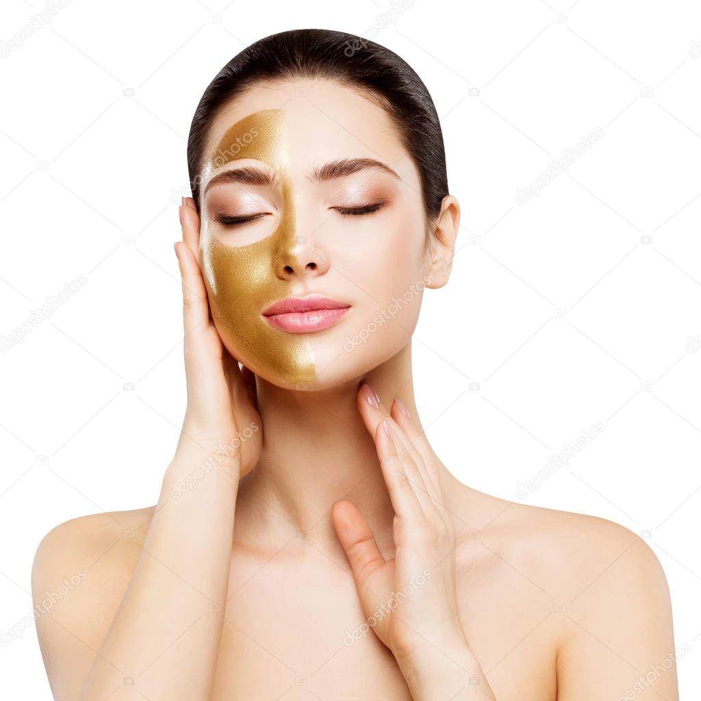 Woman Beauty Gold Mask , Beautiful Girl applying Golden Skin Cosmetic 