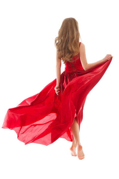 Woman Back Rear view walking in Red Dress Fluttering on Wind