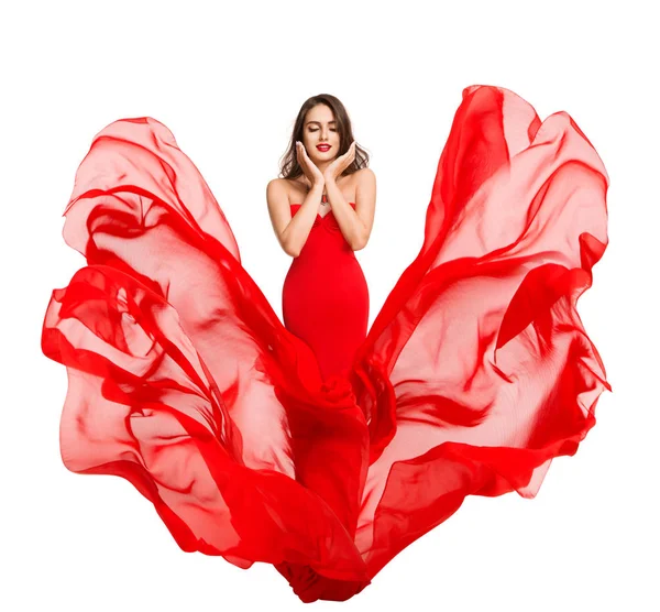 Γυναίκα ομορφιά πρόσωπο και μακιγιάζ, κόκκινο φόρεμα που φέρουν στον άνεμο, μόδα — Φωτογραφία Αρχείου