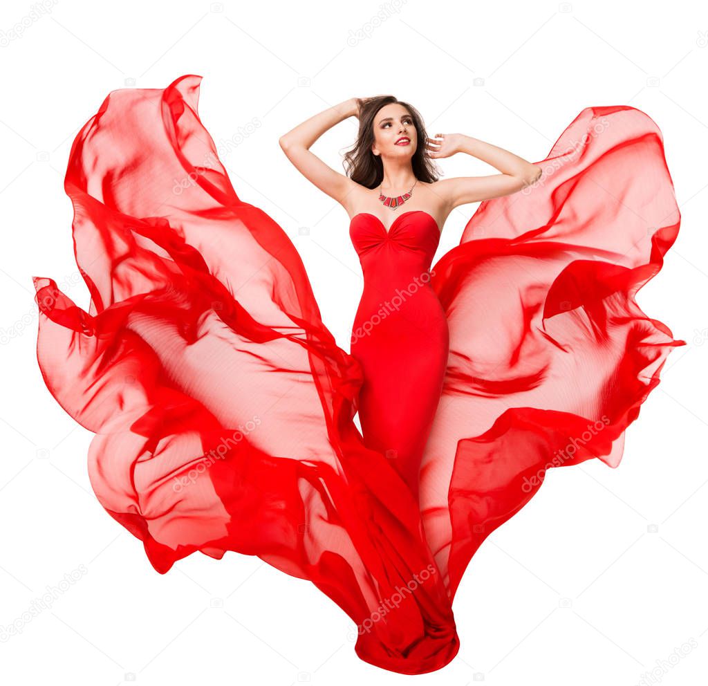 Woman Red Silk Dress Fluttering on Wind, Fashion Model Beauty