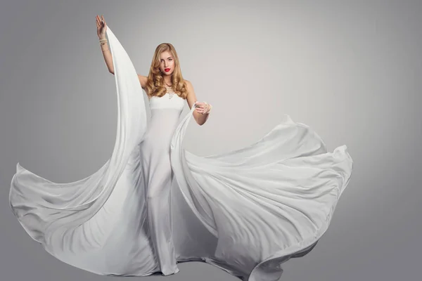 Woman Dancing Long White Silk Dress, Fashion Model in Gown — Stock Photo, Image