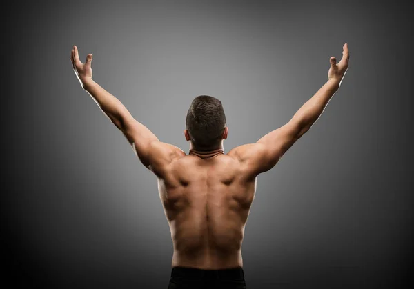 Athletic Man Raised Open Arms, Muscular Athlete Body Back View — ストック写真