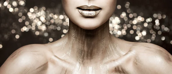 Fashion Lips Beauty Art Makeup, Woman Metallic Lipstick Make Up — Stock Photo, Image