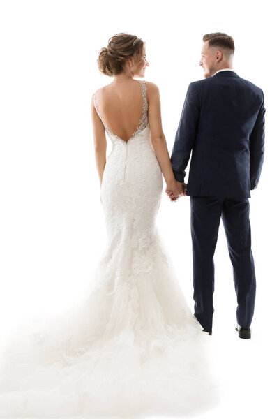 Wedding Couple Rear View, Elegant Groom and Beautiful Bride Back Side, Romantic  Studio Portrait