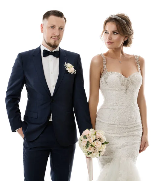Bröllopspar Studio Porträtt Elegant Brudgum Kostym Och Vacker Brud Vit — Stockfoto