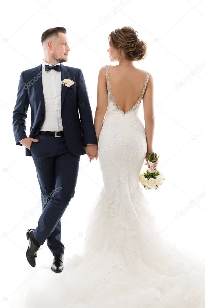 Wedding Couple Studio Portrait, Elegant Groom in Suit Beautiful Bride in White Dress Back Side