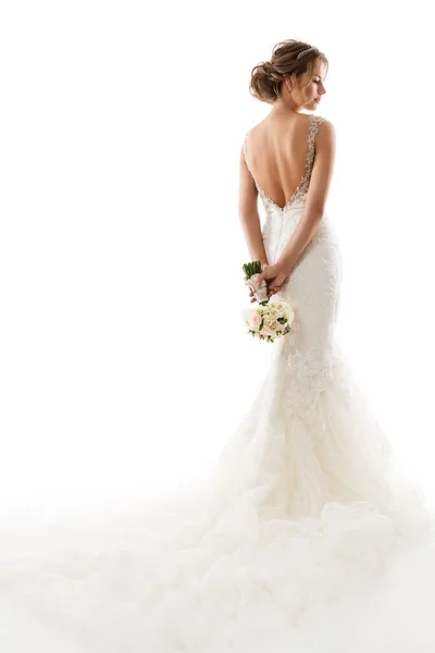 Wedding Bride Back Rear View Beautiful Woman White Sexy Dress — Stock Photo, Image