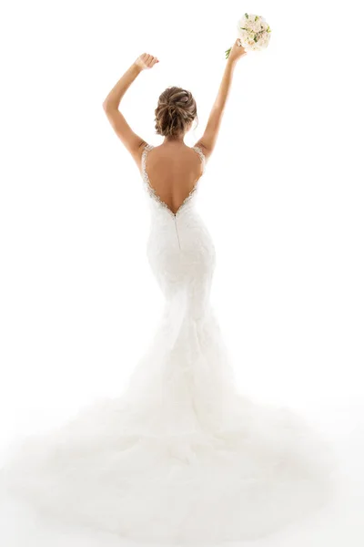 Sposa Nuziale Vista Posteriore Elegante Donna Bel Vestito Braccia Sollevato — Foto Stock