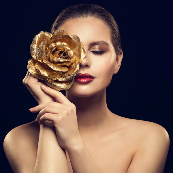 Woman Face with Golden Flower Rose on Face, Fashion Model Beauty Makeup