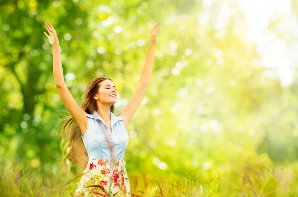 Outdoor Portrait Beautiful Young Woman Nature Happy Girl Raised Arms — Stock Photo, Image