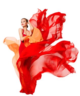 Kırmızı Elbiseli Dalgalanan Kadın Alev Gibi Dalgalanan İpek Kumaş, Beyaz Üzerinde Güzel Moda Kumaşı
