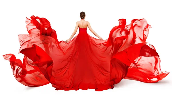 Mulher Voltar Visão Traseira Red Flying Dress Fluttering Vento Menina — Fotografia de Stock