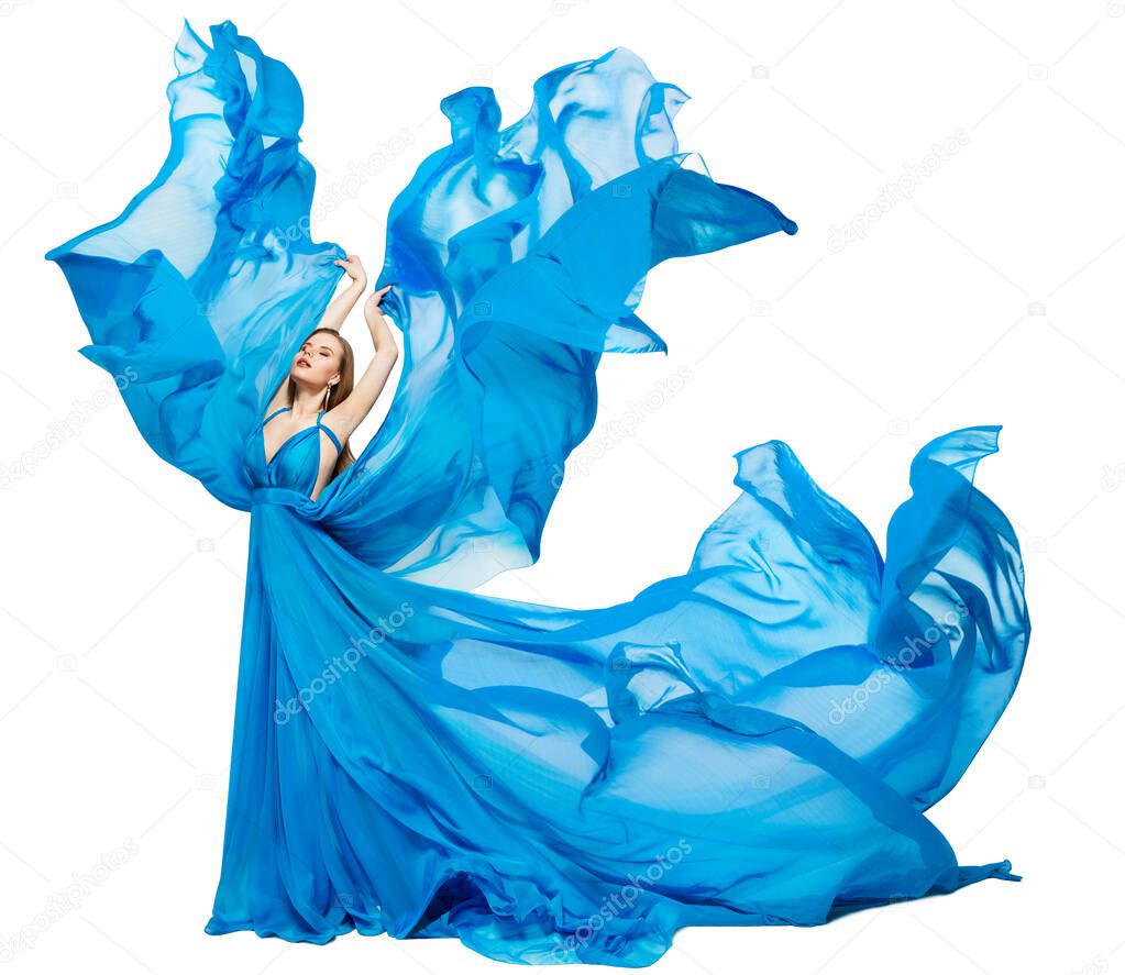 Woman Blue Dress Fluttering as Wave, Waving Silk Cloth, Artistic Fashion Model in color Fabric on White