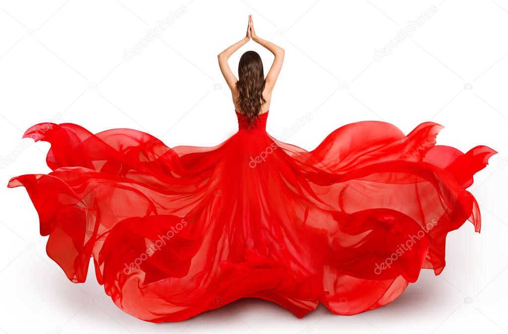 Woman Back Rear side in Red Flying Dress Waving on Wind, Fashion Model in Flowing Gown on White