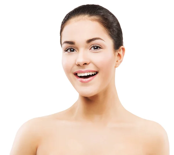 Toothy Leende Kvinna Ansikte Naturlig Skönhet Makeup Och Hudvård Lycklig — Stockfoto