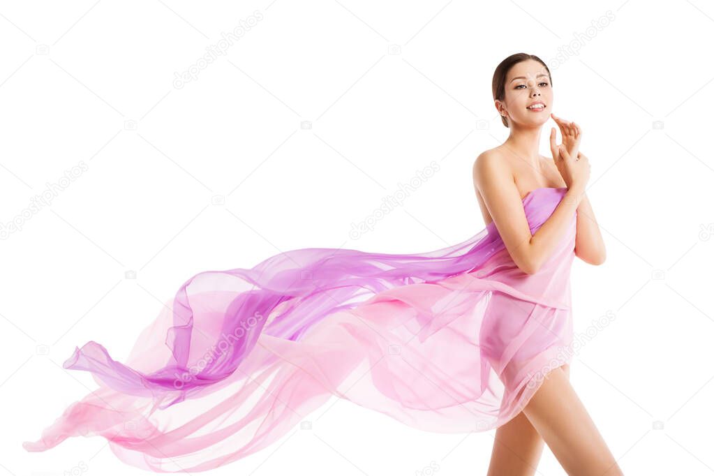 Woman Body Beauty, Beautiful Girl in Fluttering Silk Pink Cloth on White, Health and Skin Care Concept