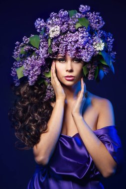 Woman Lilac Flower Wreath Hat, Beautiful Sexy Fashion Models with Purple Flowers in Hairstyle clipart