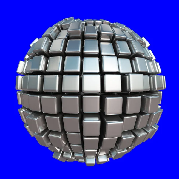 Esfera cúbica metálica sobre fundo azul — Fotografia de Stock