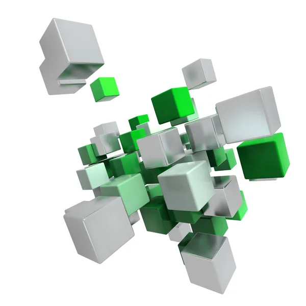 Flying green and metallic cubes — Stock Photo, Image