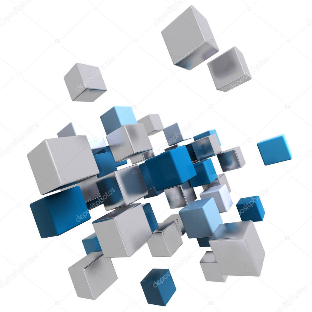 Metallic cubes floating in mid air 3D rendering