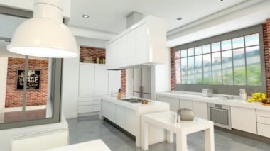 Modern bir şehir çatı katının açık bir mutfağı olan 3D animasyonu