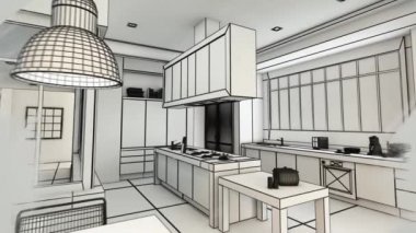 Modern bir şehir mutfağının 3 boyutlu animasyonu. Kablo çerçevesinden gerçekçi bir renge dönüşüyor.
