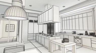 Modern bir şehir mutfağının üç boyutlu animasyonunu siyah ve beyaz kabloyla çizmek