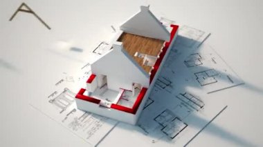3D animasyon, binanın planlarından çatı kurulumuna kadar farklı inşaat aşamalarını gösteriyor
