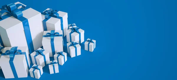 Rendering Scatole Regalo Bianche Blu Con Molto Spazio Copia — Foto Stock