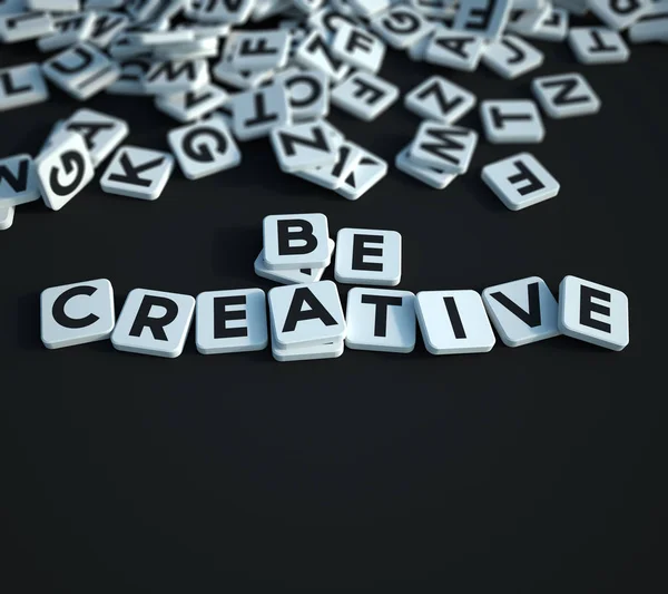 Be creative written in letter tiles on a black background — Stock Photo, Image