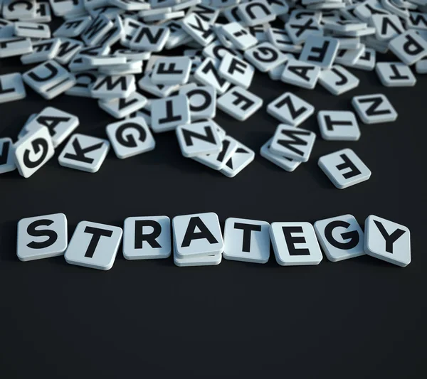 Strategy in letter tiles on black — Stockfoto