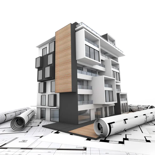 Modern appartment building and blueprints — Stock Photo, Image