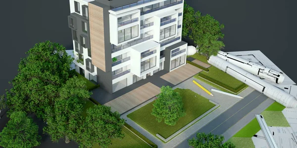 Appartment building with garden, blueprints and forms — 스톡 사진