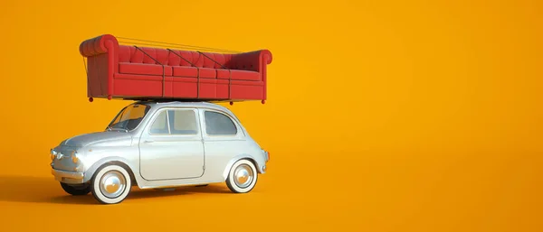 Small car with big sofa on the roof — Stock Photo, Image