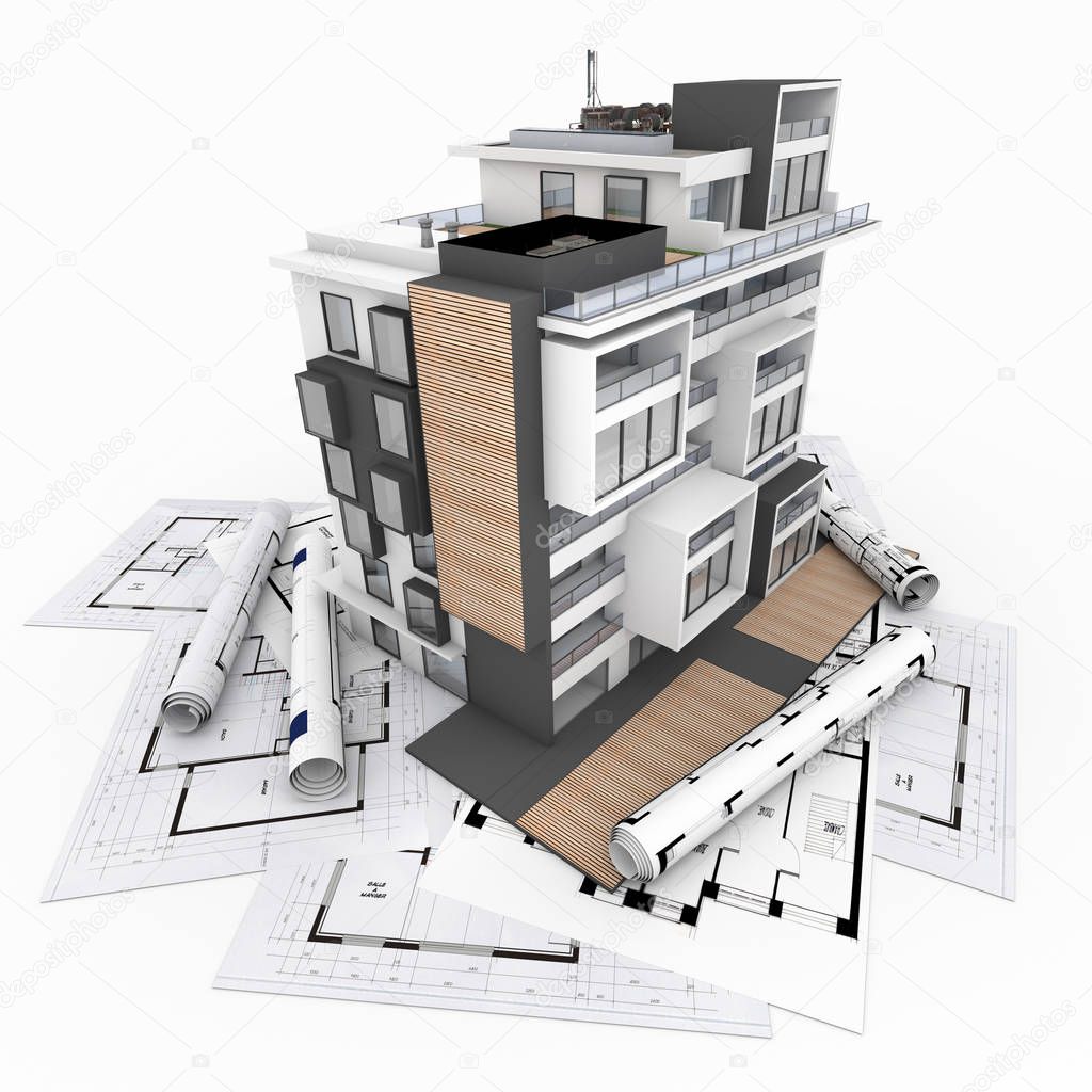 Modern appartment building and blueprints