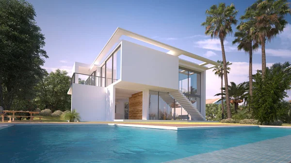 Moderne Villa mit Pool und exotischem Garten — Stockfoto