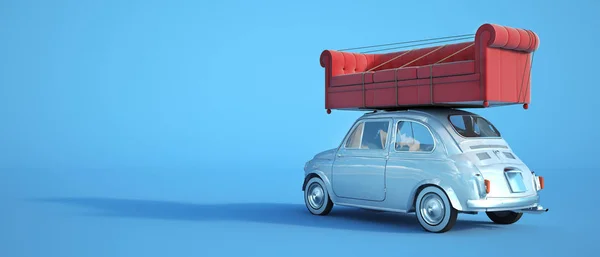 Small car with big sofa on the roof — Stock Photo, Image