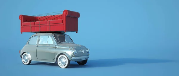 Small car with big sofa on the roof — Stock Photo, Image