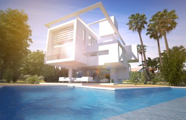 Egzotik bir bahçede havuzlu modern bir villanın 3 boyutlu görüntüsü.