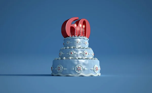 3D渲染一个大的蓝色生日蛋糕 顶部有一个大数字60 — 图库照片