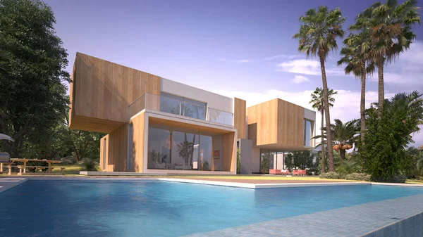 Weergave Van Een Moderne Villa Met Zwembad Een Exotische Tuin — Stockfoto