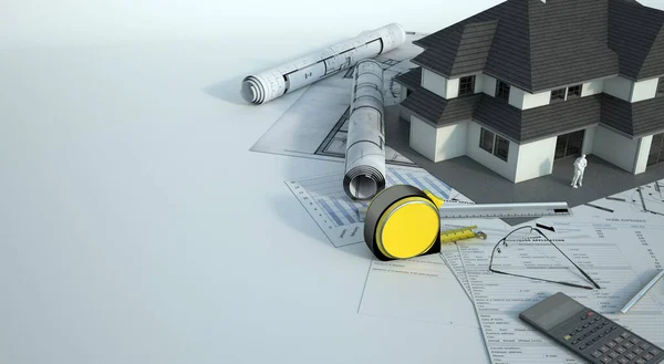 Renderelés Egy Ház Modell Egy Család Tetején Tervrajzok Energiahatékonysági Diagramok — Stock Fotó
