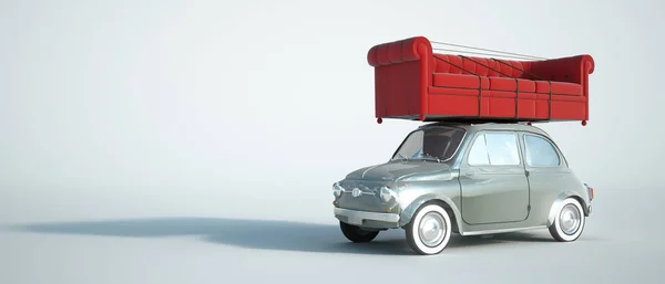 Rendering Small Retro Car Carrying Big Red Sofa — Stock Photo, Image