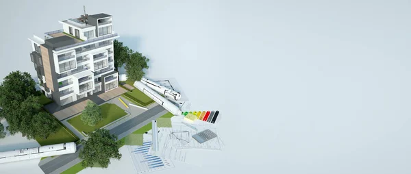 3D rendering of a sustainable building architecture model with blueprints, energy efficiency chart and other documents
