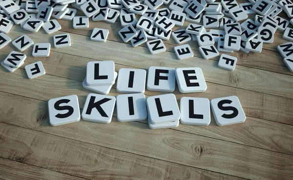 3D rendering of the words life skills written on letter tiles against a wooden background