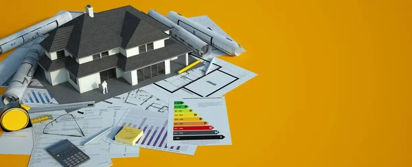 3D rendering of a house model with a family on top of blueprints, energy efficiency charts and other documents