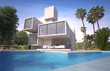 Havuzu ve egzotik bahçesi olan ağaç ve taş gibi lüks bir villa.
