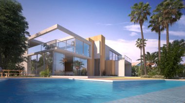 Egzotik bir bahçede havuzlu modern bir villanın 3 boyutlu görüntüsü.