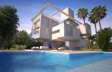 Egzotik bir bahçede havuzlu modern bir villanın 3 boyutlu görüntüsü.