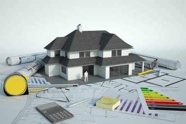 Planların, enerji verimliliği çizelgelerinin ve diğer belgelerin üzerinde ailesi olan bir ev modelinin 3D görüntülenmesi